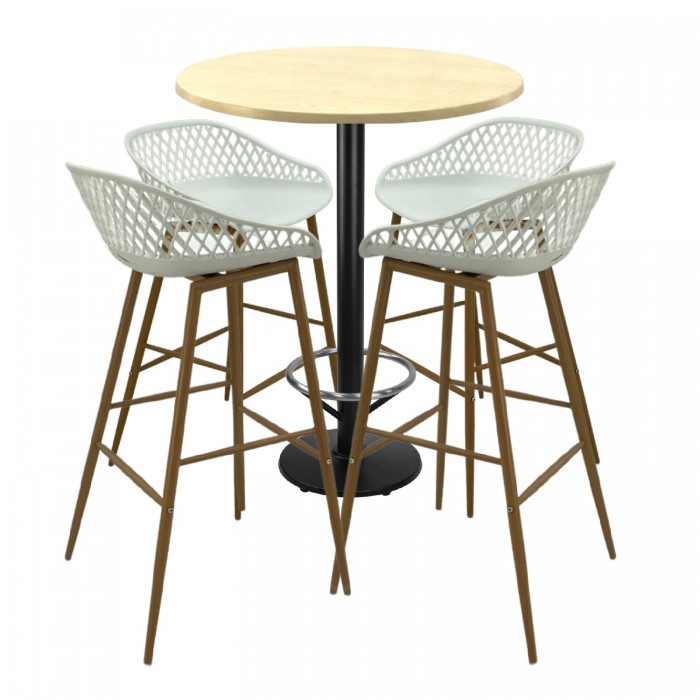 Set mobilier bar RAKI MAPLE, 4 scaune Toyama albe si masa inalta rotunda D80xh112cm cu blat werzalit si baza neagra metalica