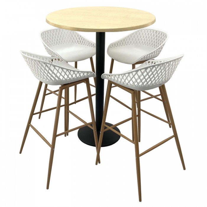 Set mobilier bar RAKI MAPLE, 4 scaune Toyama albe si masa inalta rotunda D80xh112cm cu blat werzalit si picior metalic negru