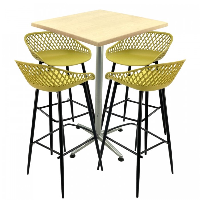 Set mobilier bar RAKI MAPLE, 4 scaune Toyama galbene, masa inalta patrata 70x70xh107cm cu blat werzalit si picior metalic clasic