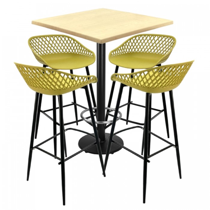 Set mobilier bar RAKI MAPLE, 4 scaune Toyama galbene, masa inalta patrata 70x70xh112cm cu blat werzalit si baza neagra metalica