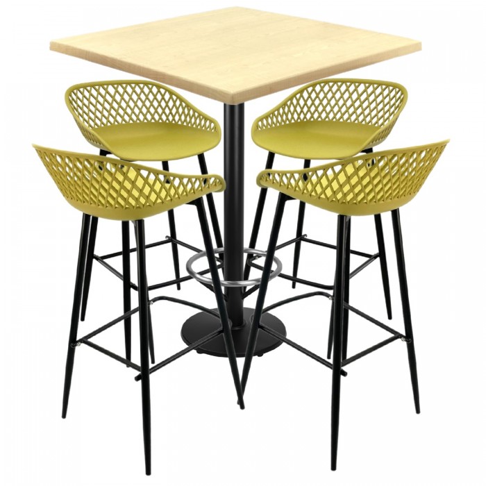 Set mobilier bar RAKI MAPLE, 4 scaune Toyama galbene, masa inalta patrata 80x80xh112cm cu blat werzalit si baza neagra metalica