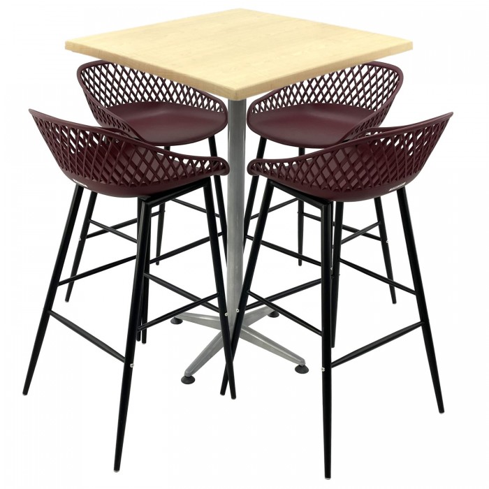 Set mobilier bar RAKI MAPLE, 4 scaune Toyama mov si masa inalta patrata 70x70xh107cm cu blat werzalit si picior metalic clasic