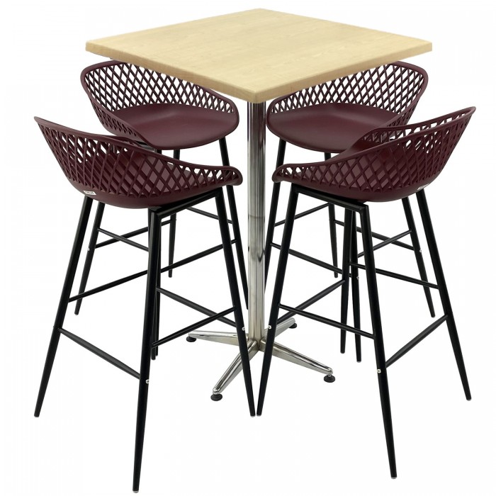 Set mobilier bar RAKI MAPLE, 4 scaune Toyama mov si masa inalta patrata 70x70xh107cm cu blat werzalit si picior metalic cromat