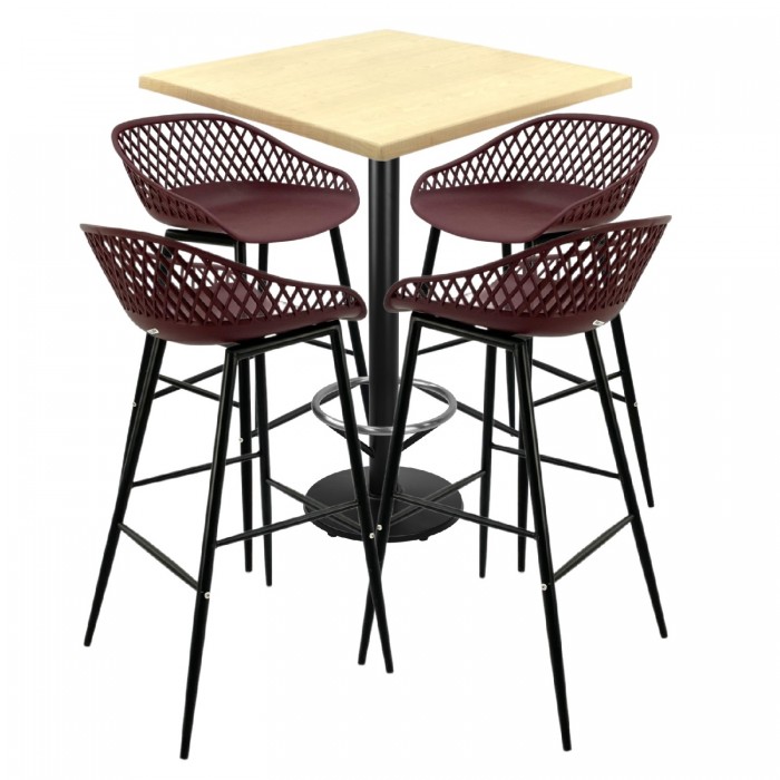 Set mobilier bar RAKI MAPLE, 4 scaune Toyama mov si masa inalta patrata 70x70xh112cm cu blat werzalit si baza neagra metalica
