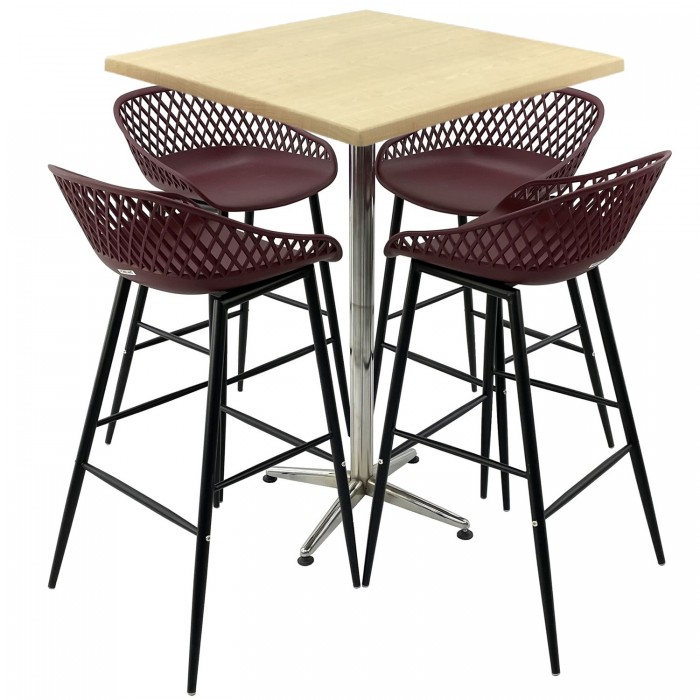 Set mobilier bar RAKI MAPLE, 4 scaune Toyama mov si masa inalta patrata 80x80xh107cm cu blat werzalit si picior metalic cromat