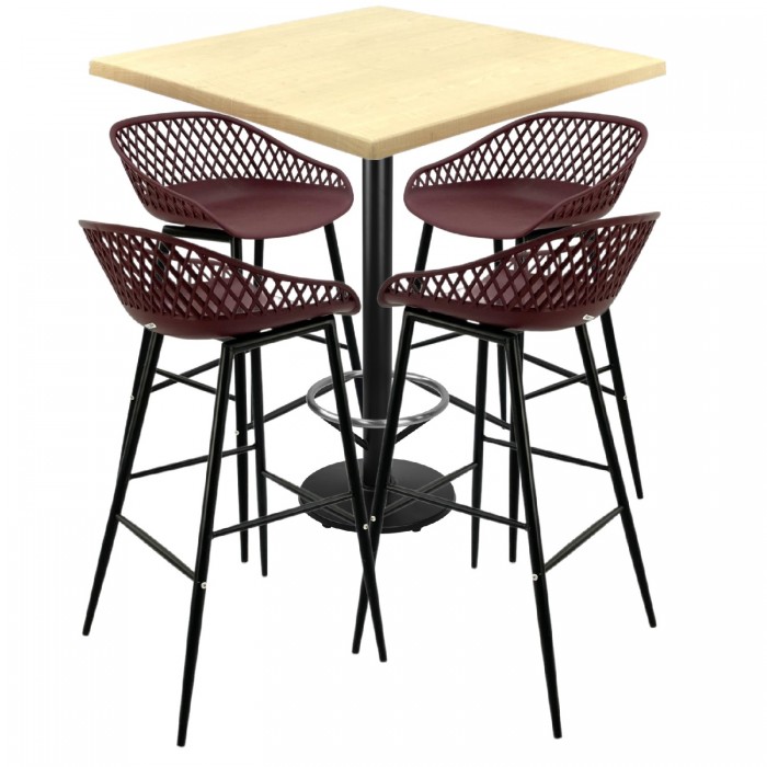 Set mobilier bar RAKI MAPLE, 4 scaune Toyama mov si masa inalta patrata 80x80xh112cm cu blat werzalit si baza neagra metalica