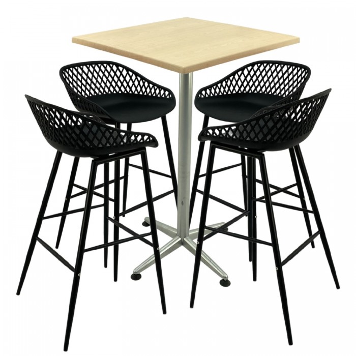Set mobilier bar RAKI MAPLE, 4 scaune Toyama negre si masa inalta patrata 70x70xh107cm cu blat werzalit si picior metalic clasic