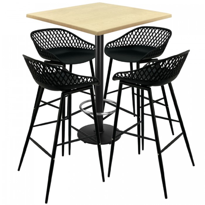 Set mobilier bar RAKI MAPLE, 4 scaune Toyama negre si masa inalta patrata 80x80xh112cm cu blat werzalit si baza neagra metalica