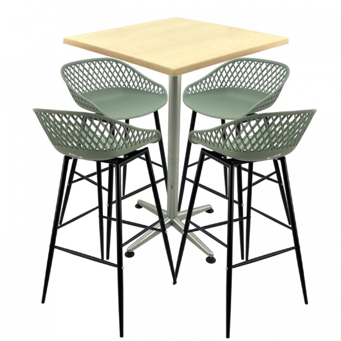 Set mobilier bar RAKI MAPLE, 4 scaune Toyama verzi si masa inalta patrata 70x70xh107cm cu blat werzalit si picior metalic clasic
