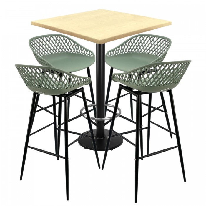 Set mobilier bar RAKI MAPLE, 4 scaune Toyama verzi si masa inalta patrata 70x70xh112cm cu blat werzalit si baza neagra metalica
