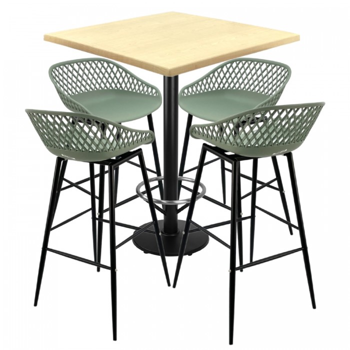Set mobilier bar RAKI MAPLE, 4 scaune Toyama verzi si masa inalta patrata 80x80xh112cm cu blat werzalit si baza neagra metalica