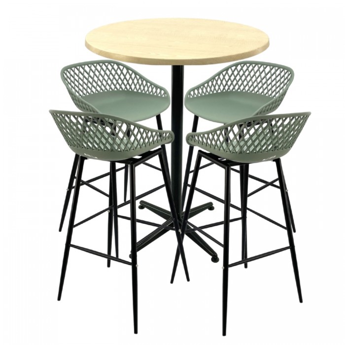 Set mobilier bar RAKI MAPLE, 4 scaune Toyama verzi si masa inalta rotunda D80xh107cm cu blat werzalit si picior metalic negru