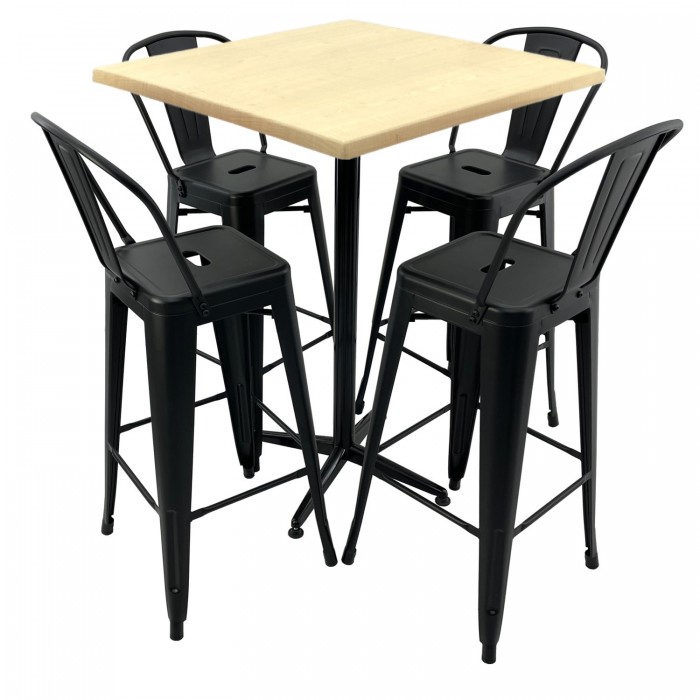 Set mobilier bar RAKI MAPLE, masa inalta patrata 80x80xh107cm cu blat werzalit si baza metalica neagra, 4 scaune Antique negre