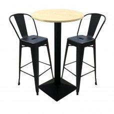 Set mobilier bar RAKI MAPLE, masa inalta rotunda D60xh112cm cu blat werzalit si baza metalica neagra, 2 scaune Antique negre