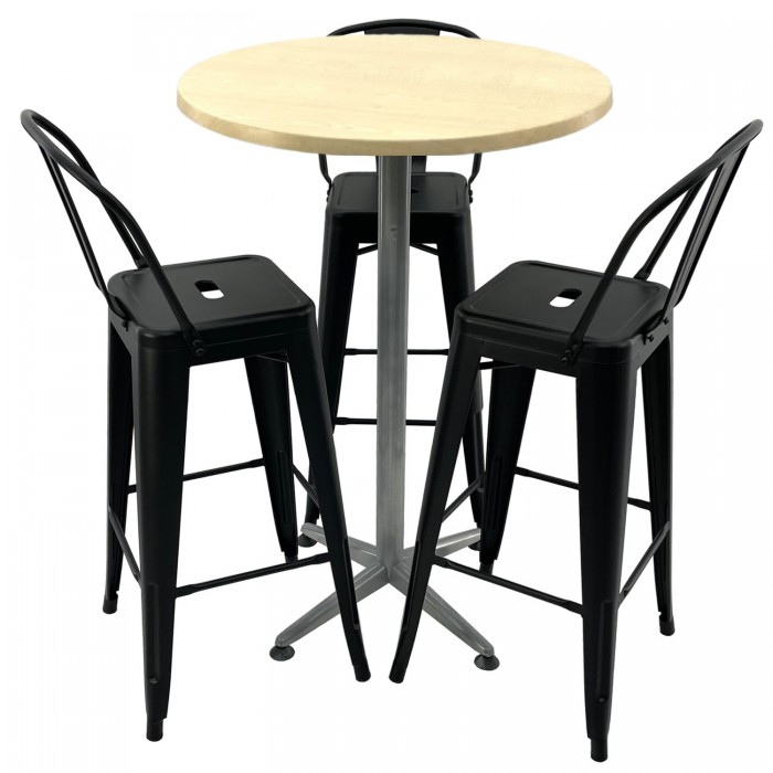 Set mobilier bar RAKI MAPLE, masa inalta rotunda D70xh107cm cu blat werzalit si picior metalic clasic, 3 scaune Antique negre