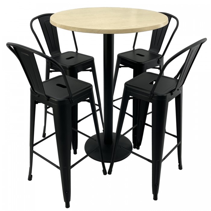 Set mobilier bar RAKI MAPLE, masa inalta rotunda D80xh112cm cu blat werzalit si picior metalic negru, 4 scaune Antique negre