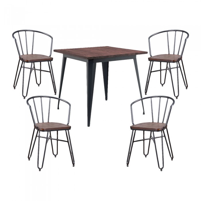 Set mobilier cafenea CULINARO ANTIQUE, masa patrata 80x80xh75cm, 4 scaune cu brate 51x49xh75cm sezut lemn, metal/lemn, negru
