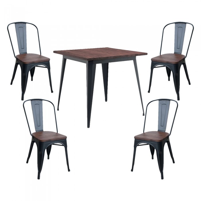 Set mobilier cafenea CULINARO ANTIQUE, masa patrata 80x80xh75cm, 4 scaune sezut lemn 51x44xh85,5cm, metal/lemn, negru mat