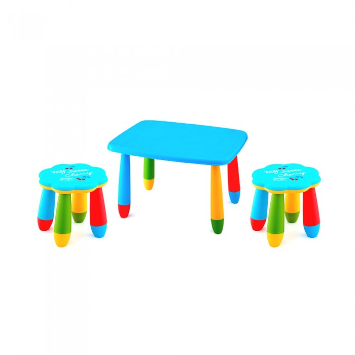 Set mobilier copii RAKI, plastic, masa dreptunghiulara MASHA 72,5x57xh47cm albastra cu 2 scaune FLOARE albastre