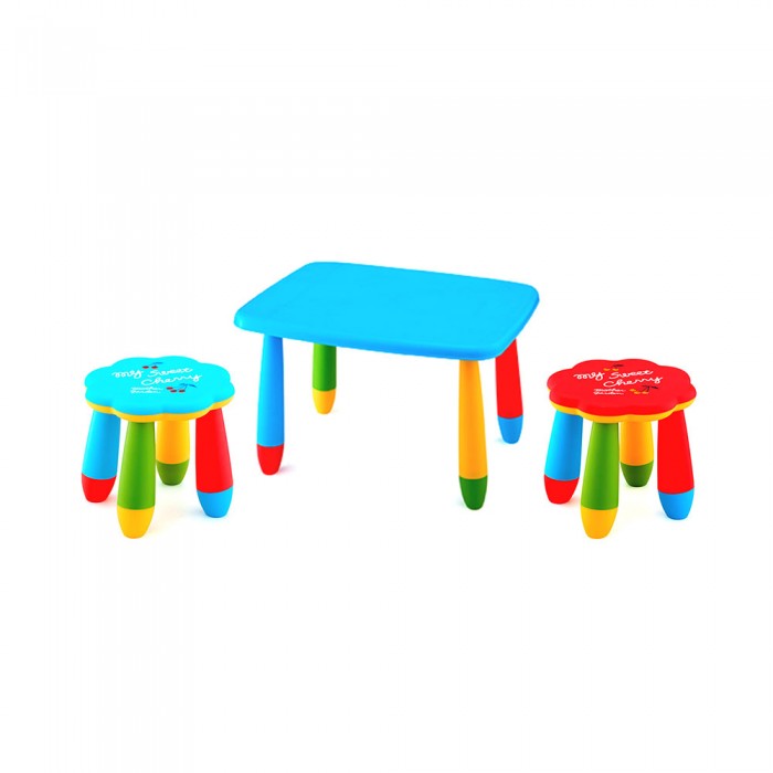 Set mobilier copii RAKI, plastic, masa dreptunghiulara MASHA 72,5x57xh47cm albastra cu 2 scaune FLOARE albastru si rosu