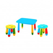 Set mobilier copii RAKI, plastic, masa dreptunghiulara MASHA 72,5x57xh47cm albastra cu 2 scaune FLOARE galben si albastru