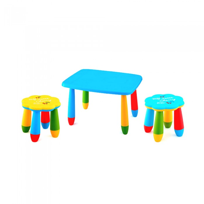 Set mobilier copii RAKI, plastic, masa dreptunghiulara MASHA 72,5x57xh47cm albastra cu 2 scaune FLOARE galben si albastru