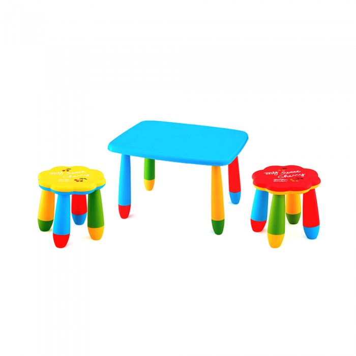 Set mobilier copii RAKI, plastic, masa dreptunghiulara MASHA 72,5x57xh47cm albastra cu 2 scaune FLOARE galben si rosu
