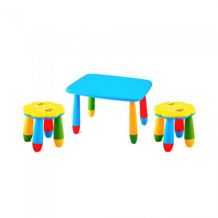 Set mobilier copii RAKI, plastic, masa dreptunghiulara MASHA 72,5x57xh47cm albastra cu 2 scaune FLOARE galbene