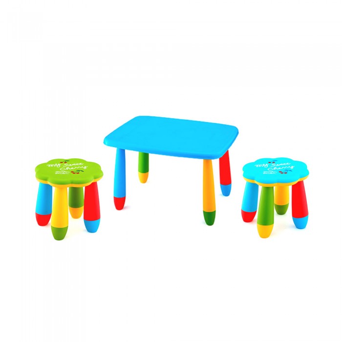 Set mobilier copii RAKI, plastic, masa dreptunghiulara MASHA 72,5x57xh47cm albastra cu 2 scaune FLOARE verde si albastru