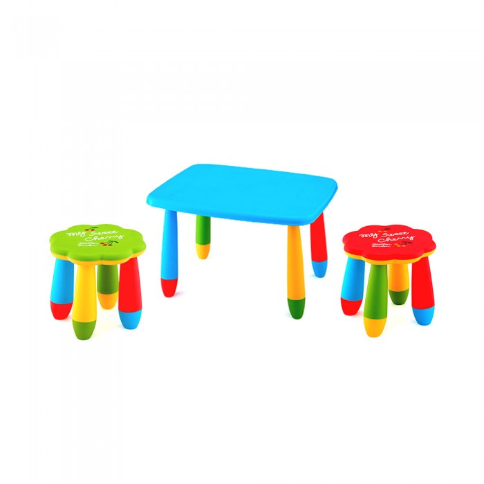 Set mobilier copii RAKI, plastic, masa dreptunghiulara MASHA 72,5x57xh47cm albastra cu 2 scaune FLOARE verde si rosu