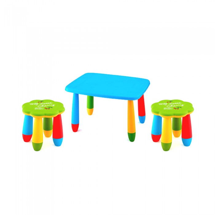 Set mobilier copii RAKI, plastic, masa dreptunghiulara MASHA 72,5x57xh47cm albastra cu 2 scaune FLOARE verzi