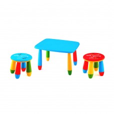 Set mobilier copii RAKI, plastic, masa dreptunghiulara MASHA 72,5x57xh47cm albastra cu 2 scaune GOGOASA albastru si rosu