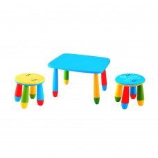 Set mobilier copii RAKI, plastic, masa dreptunghiulara MASHA 72,5x57xh47cm albastra cu 2 scaune GOGOASA galben si albastru