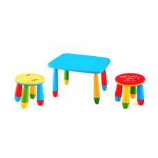 Set mobilier copii RAKI, plastic, masa dreptunghiulara MASHA 72,5x57xh47cm albastra cu 2 scaune GOGOASA galben si rosu