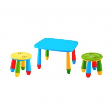 Set mobilier copii RAKI, plastic, masa dreptunghiulara MASHA 72,5x57xh47cm albastra cu 2 scaune GOGOASA galben si verde