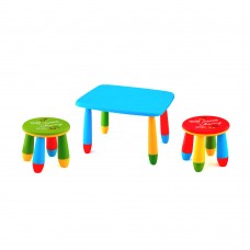 Set mobilier copii RAKI, plastic, masa dreptunghiulara MASHA 72,5x57xh47cm albastra cu 2 scaune GOGOASA verde si rosu