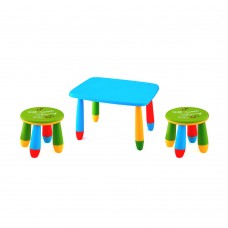 Set mobilier copii RAKI, plastic, masa dreptunghiulara MASHA 72,5x57xh47cm albastra cu 2 scaune GOGOASA verzi