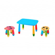 Set mobilier copii RAKI, plastic, masa dreptunghiulara MASHA 72,5x57xh47cm albastra cu 2 scaune Kalinca galben si rosu