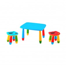 Set mobilier copii RAKI, plastic, masa dreptunghiulara MASHA 72,5x57xh47cm albastra cu 2 scaune URSULET albastru si rosu