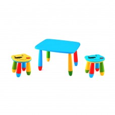 Set mobilier copii RAKI, plastic, masa dreptunghiulara MASHA 72,5x57xh47cm albastra cu 2 scaune URSULET galben si albastru