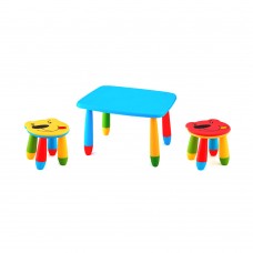 Set mobilier copii RAKI, plastic, masa dreptunghiulara MASHA 72,5x57xh47cm albastra cu 2 scaune URSULET galben si rosu