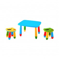Set mobilier copii RAKI, plastic, masa dreptunghiulara MASHA 72,5x57xh47cm albastra cu 2 scaune URSULET galben si verde
