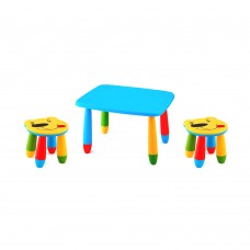 Set mobilier copii RAKI, plastic, masa dreptunghiulara MASHA 72,5x57xh47cm albastra cu 2 scaune URSULET galbene
