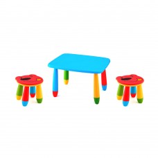 Set mobilier copii RAKI, plastic, masa dreptunghiulara MASHA 72,5x57xh47cm albastra cu 2 scaune URSULET rosii