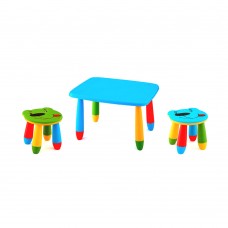Set mobilier copii RAKI, plastic, masa dreptunghiulara MASHA 72,5x57xh47cm albastra cu 2 scaune URSULET verde si albastru