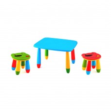 Set mobilier copii RAKI, plastic, masa dreptunghiulara MASHA 72,5x57xh47cm albastra cu 2 scaune URSULET verde si rosu
