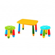 Set mobilier copii RAKI, plastic, masa dreptunghiulara MASHA 72,5x57xh47cm galbena cu 2 scaune FLOARE verde si albastru