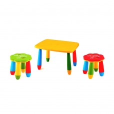 Set mobilier copii RAKI, plastic, masa dreptunghiulara MASHA 72,5x57xh47cm galbena cu 2 scaune FLOARE verde si rosu