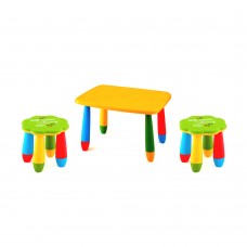 Set mobilier copii RAKI, plastic, masa dreptunghiulara MASHA 72,5x57xh47cm galbena cu 2 scaune FLOARE verzi