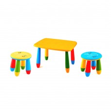 Set mobilier copii RAKI, plastic, masa dreptunghiulara MASHA 72,5x57xh47cm galbena cu 2 scaune GOGOASA galben si albastru